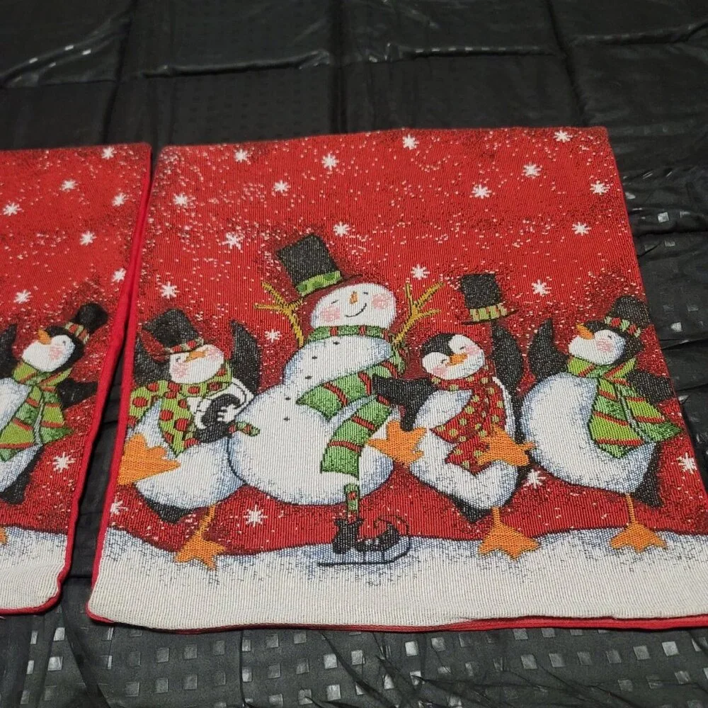 2 Vtg Style Red White Christmas Pillow Cover Snowman Tapestry Appx 16x16